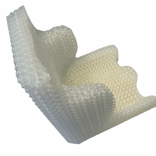 Ein 3D-gedrucktes Sitzschalenpolster bestehend aus einem Rückenteil und einem Sitzteil