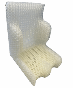 Ein 3D-gedrucktes Sitzschalenpolster bestehend aus einem Rückenteil und einem Sitzteil