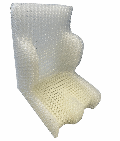 Ein 3D-gedrucktes Sitzschalenpolster bestehend aus einem Rückenteil und einem Sitzteil