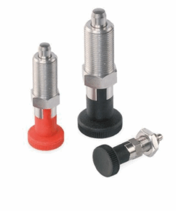 Ein stehender roter, ein stehender schwarzer und ein liegender schwarzer Rastbolzen mit Arretierung und Feingweinde