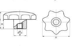 Eine technische Zeichnung einer Sterngriffmutter mit Höhe, Breite und Durchmesser