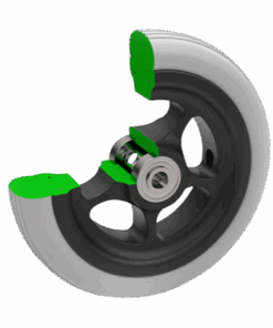 Ein Rad mit Kunststofffelge und 5 Speichen, grau mit schwarzer Felge - Querschnitt