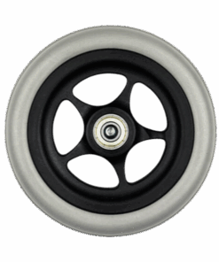 Ein Rad mit Kunststofffelge und 5 Speichen, grau mit schwarzer Felge