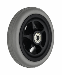 Ein Rad mit Kunststofffelge und 5 Speichen, grau mit schwarzer Felge