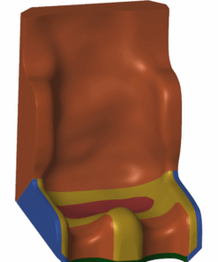 Eine Zeichnung einer Sitzschale mit farbigen Einzeichnungen, als Markierung für verschiedene Härtegrade