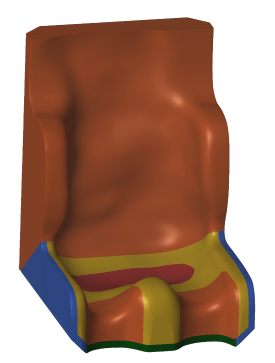 Eine Zeichnung einer Sitzschale mit farbigen Einzeichnungen, als Markierung für verschiedene Härtegrade