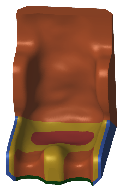 Eine Zeichnung einer Sitzschale mit farbigen Einzeichnungen, als Markierung für verschiedene Härtegrade