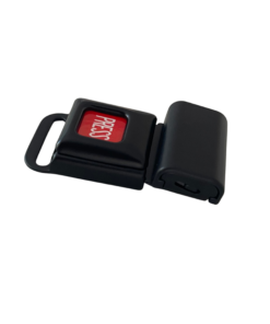 Ein kleines Metallschloss mit Einrastvorrichtung und einem traditionellen Knopf zum öffnen - seitenansicht