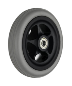 Ein Rad mit Kunststofffelge und 5 Speichen, grau mit schwarzer Felge